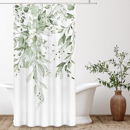 Vista 482 de Tititex - Juego de cortinas de ducha de eucalipto verde oliva, hojas de acuarela en la parte superior con decoración floral de baño, 60 x 72 Hojas