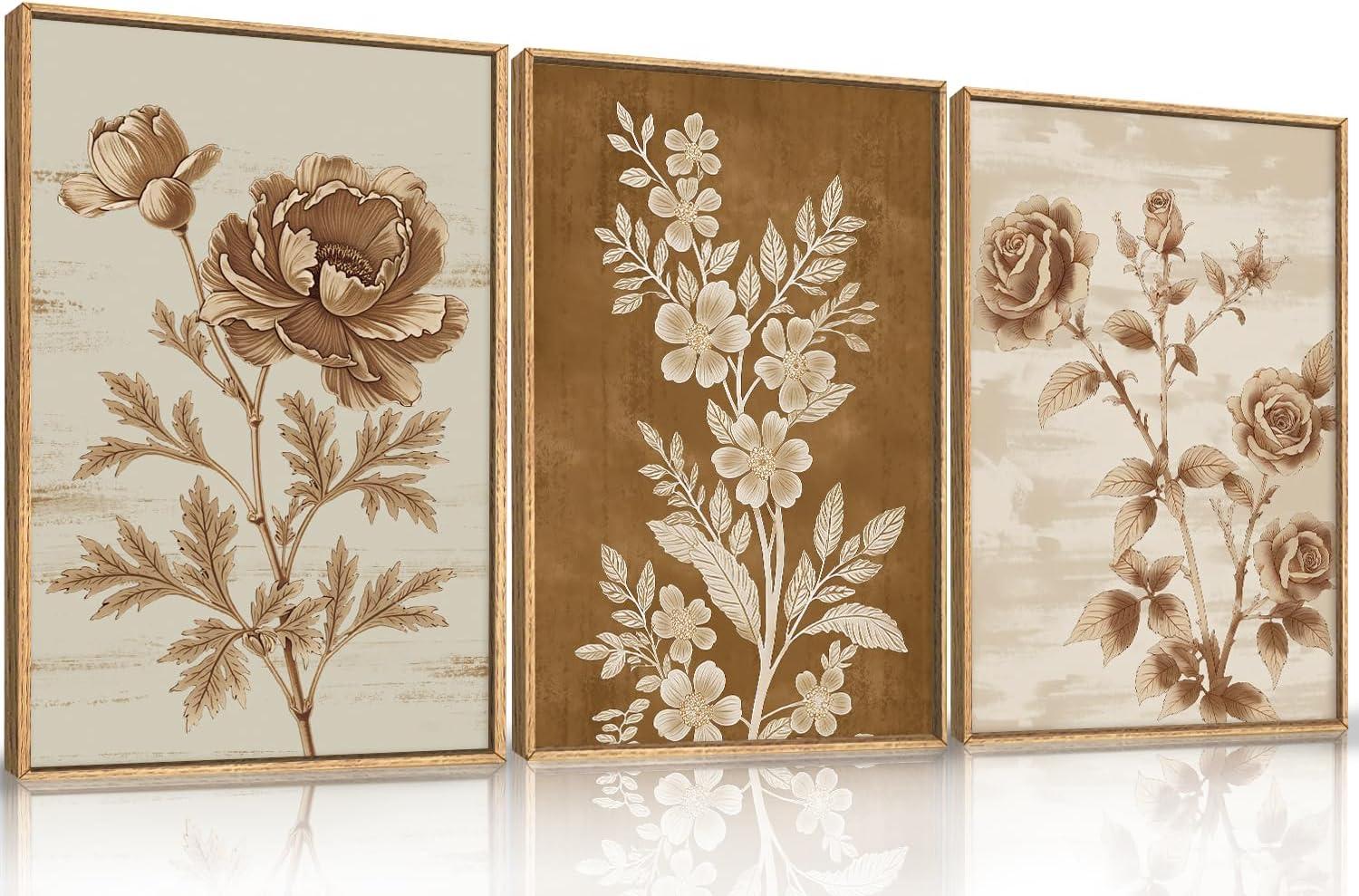 Vintage Botanical Floral Framed Canvas Print Wall Art Set,Retro Brown Rose Flowers Wall Decor,Nature Modern Elegant Poppy Boho Wildflower Artwork for Living Room,Bedroom,Office-16 x24 x3 Vintage Dried Floral Wall Art 24L" x 16W"