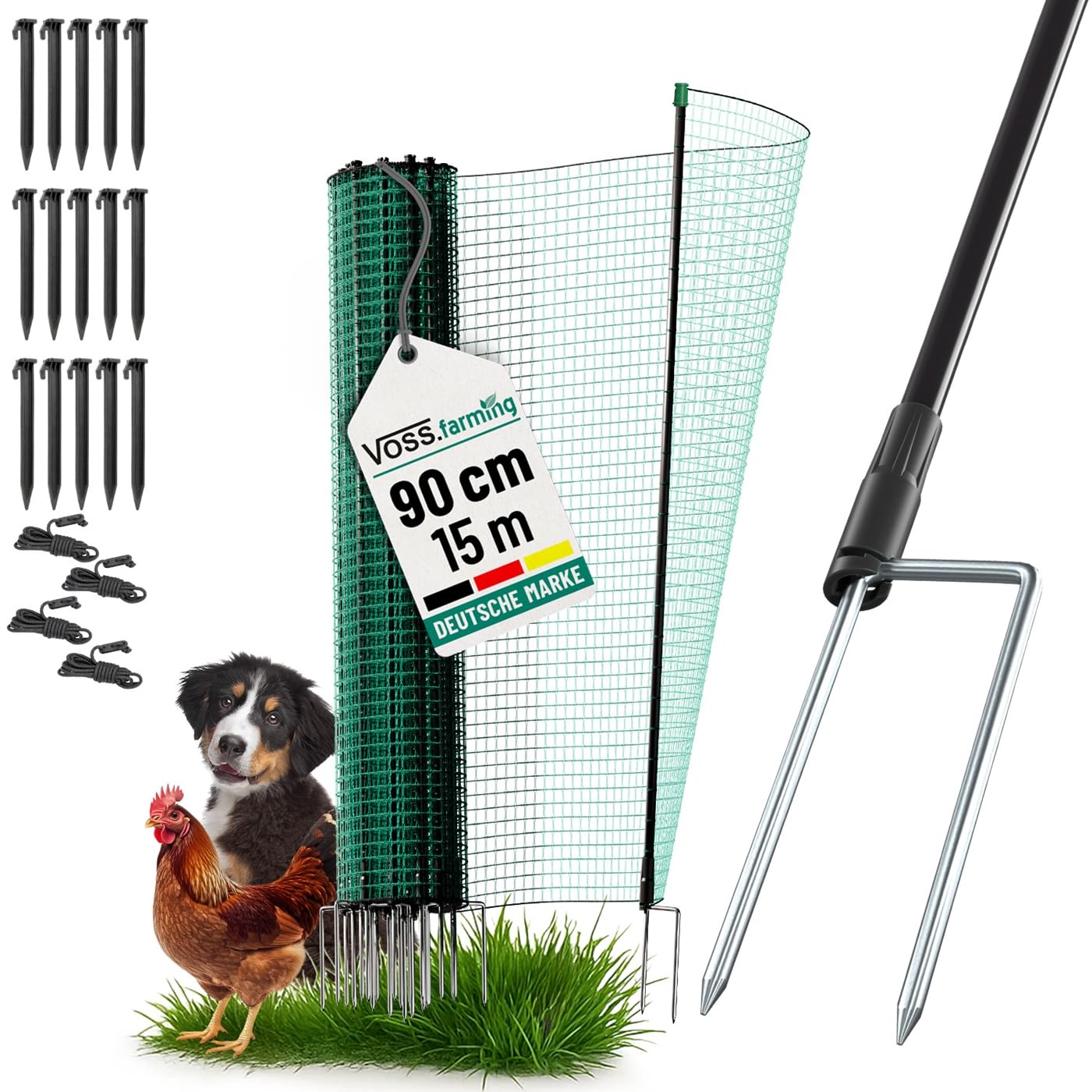 VOSS.farming Begrenzungszaun Classic ohne Strom, 15m, 90cm, 9 Pfähle, 2 Spitzen, grün, Kleintiernetz, mobiler Zaun, Gartenzaun, für Garten, Haus, Hof