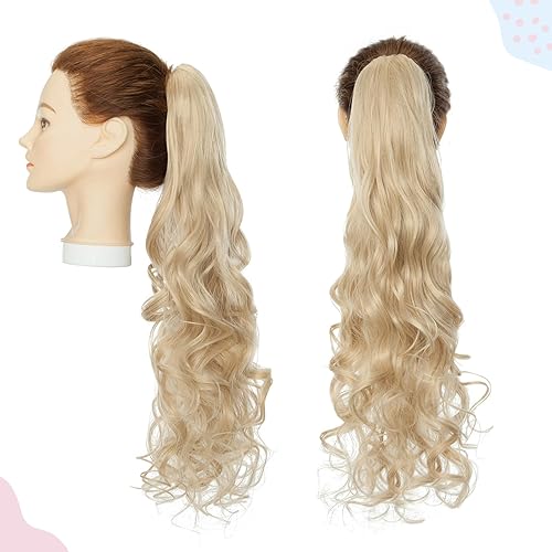 Miniatura 5 de Extensión de cola de caballo de 24 pulgadas de largo, ondulado, rizado, con clip, extensiones de cabello sintético natural para mujer, rubio oscuro