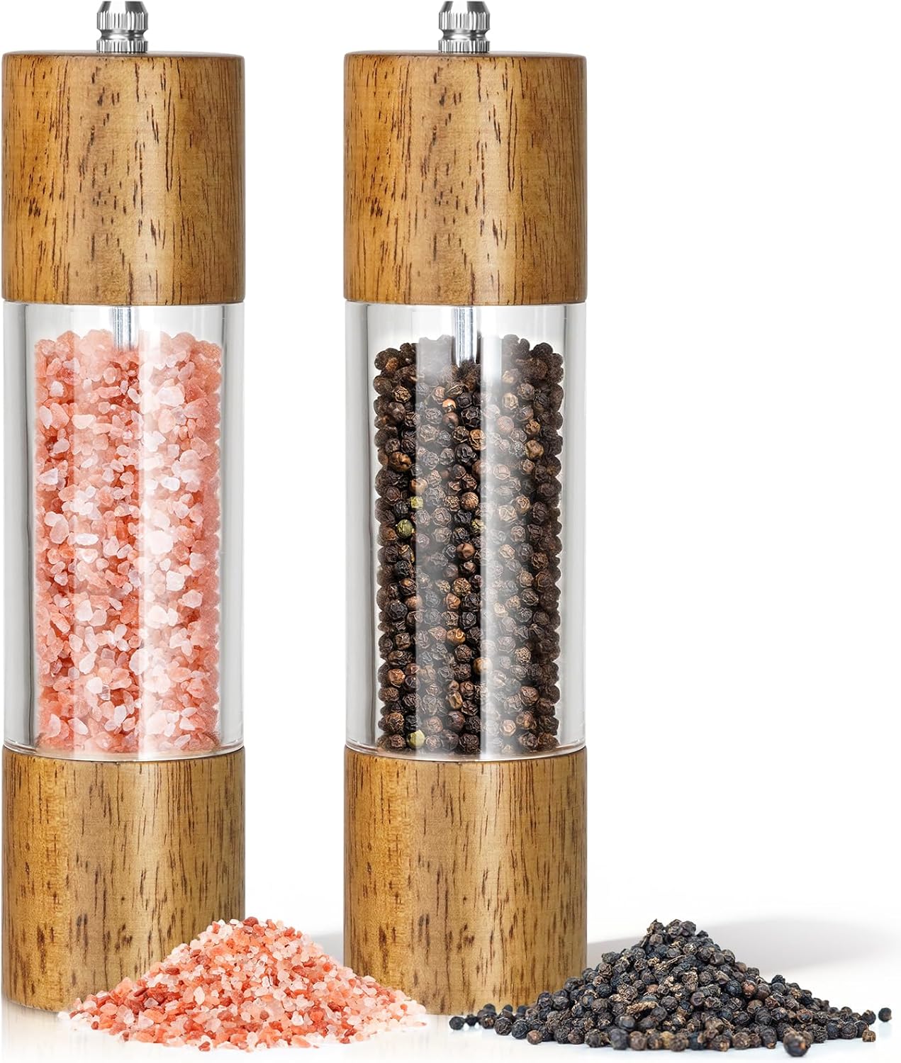 2-Pack Wooden Salt and Pepper Grinder Set - 8 Inch Manual Adjustable Ceramic Grinding, Refillable Acrylic Salt and Pepper Grinder Set, Custom Coarse to Fine Settings, for Home Dining & Gifts