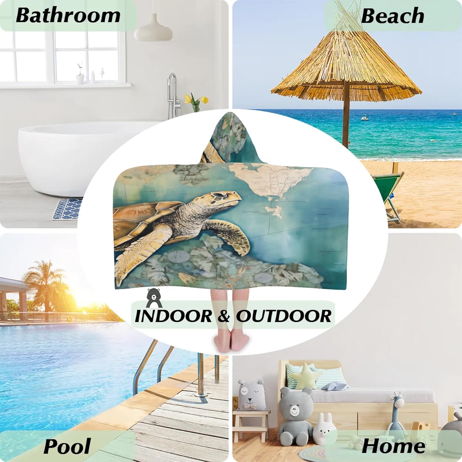 Tropical Turtle Hooded Towels for Kids Absorbent Soft Pool Swim Beach Bath Towel for Boys Girls, 24 in x 50 in