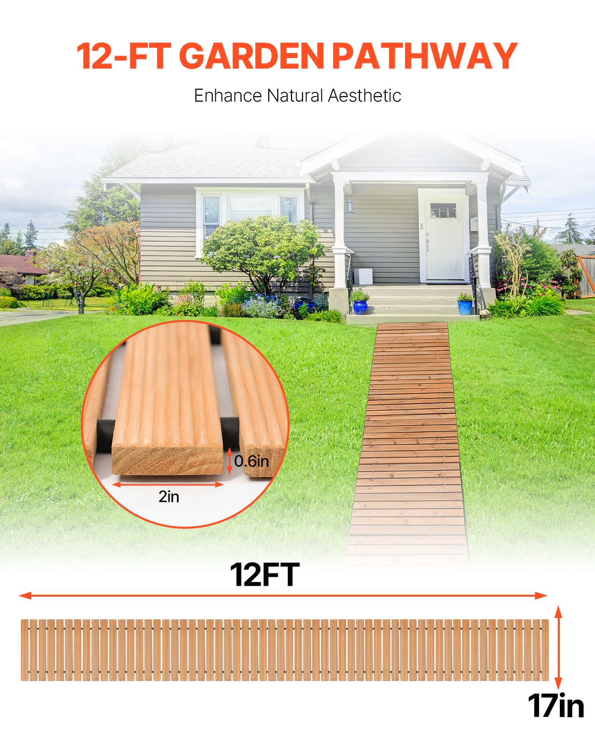 VEVOR Chemin de Jardin en Bois, 368x43 cm, Allée de Jardin Droite Déroulante Antidérapante Décorative en Cèdre avec Connexion par Câble Métallique, pour Fêtes, Mariages, Cour, Terrasse, Extérieur
