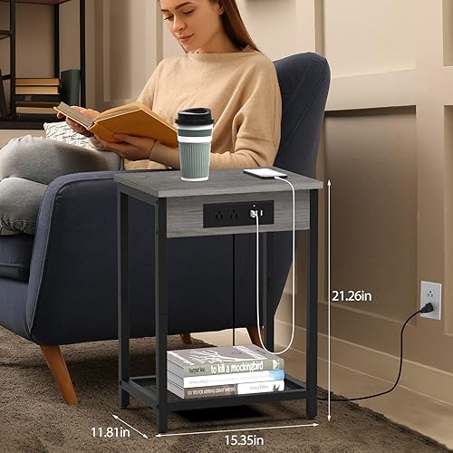 Miniatura 29 de CADUKE Juego de 2 mesitas de noche, mesita de noche con estación de carga para dormitorio, mesa auxiliar industrial con puertos USB y tomas de café