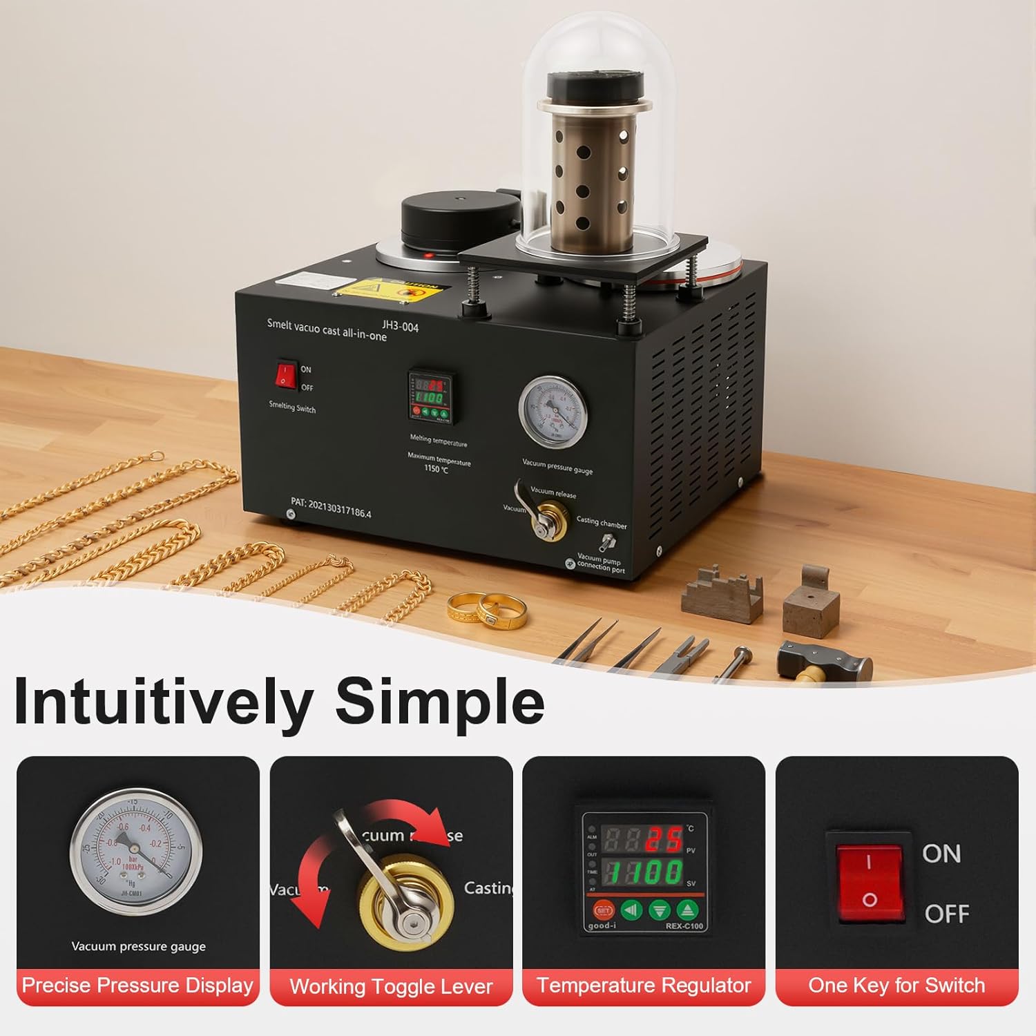 2L Vacuum Casting Machine 1/2 HP Cast Vacuum and Melting Machine Digital Display Precious Metal Jewelry Casting Tool 3 CFM Lost Wax Cast Combination with Bell Jar