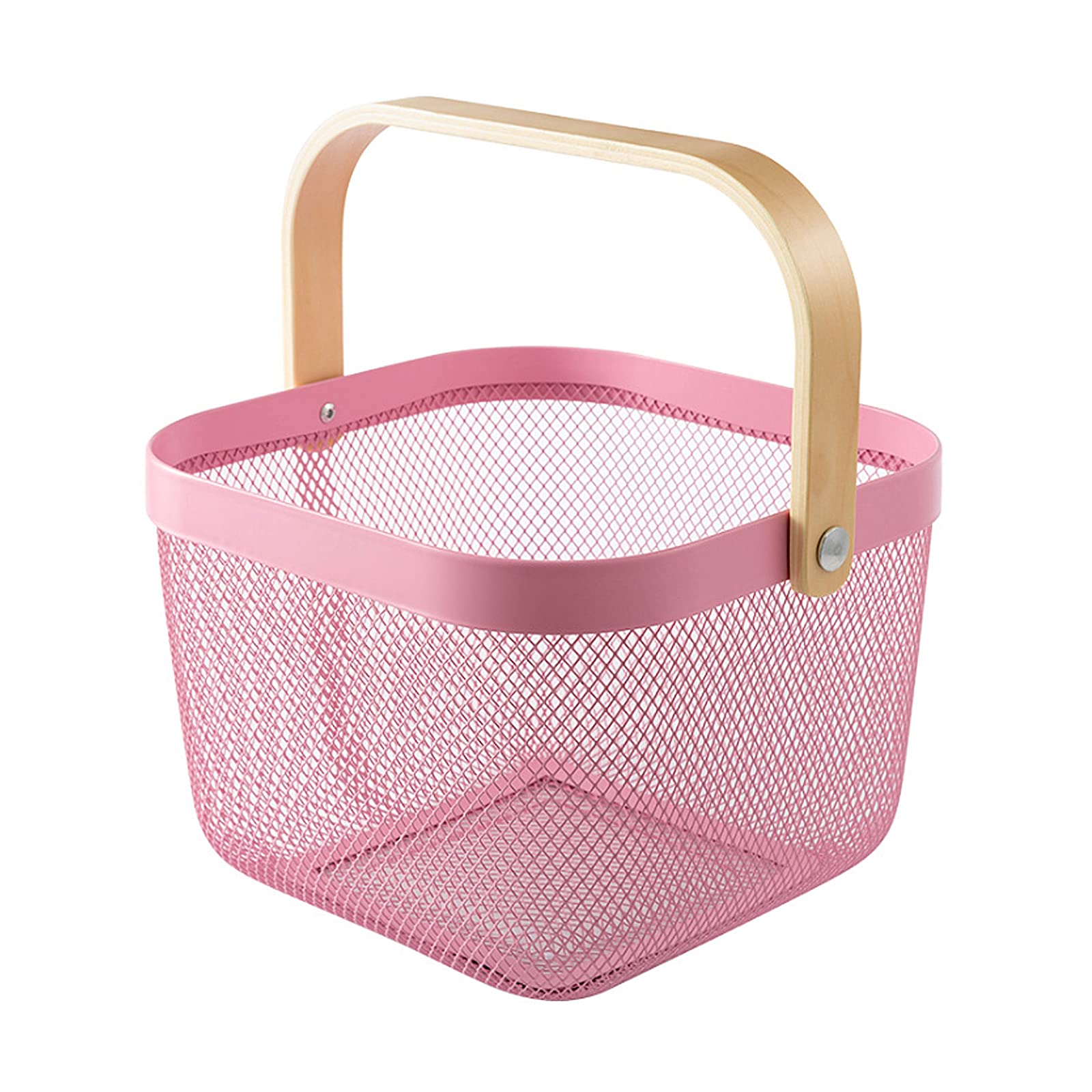 Kuppn Metal Round Wire Basket Storage, Mesh Steel Storage Organizer Basket with Bamboo Handle Multi-functional Basket Bin for Kitchen Bathroom Picnic Shopping Decor Cabinet Home Pink