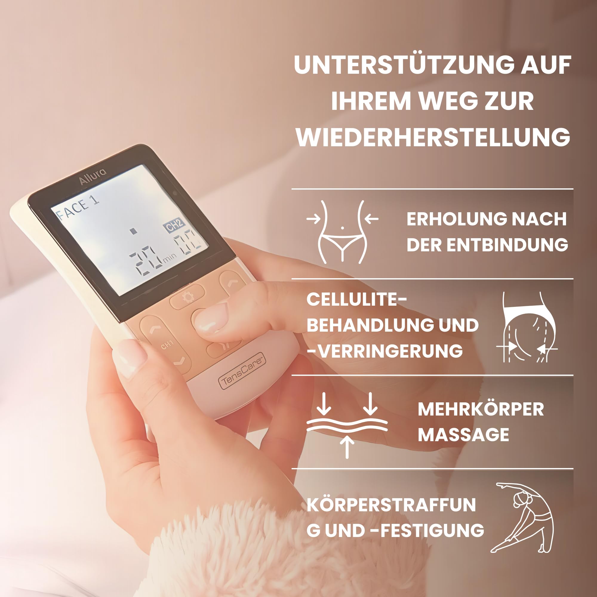 TensCare Allura 8-in-1 EMS Massager für Ganzkörperformung, Erholung nach der Geburt, Reduzierung von Cellulite und Gesichtsstärkung.