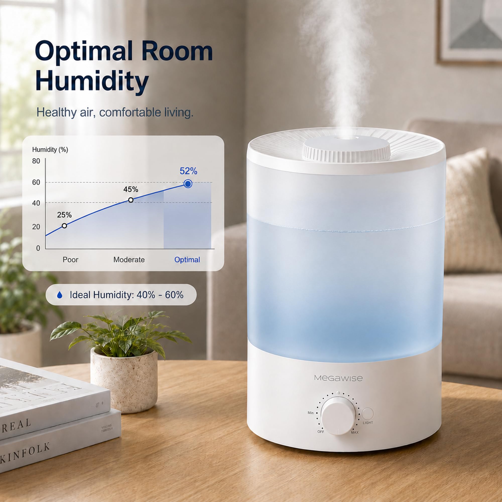 Humidificador de niebla fría H1 - xit (blanco) megawise 3,5 litros, relleno superior, gran capacidad, fácil y seguro, fácil de usar en casa