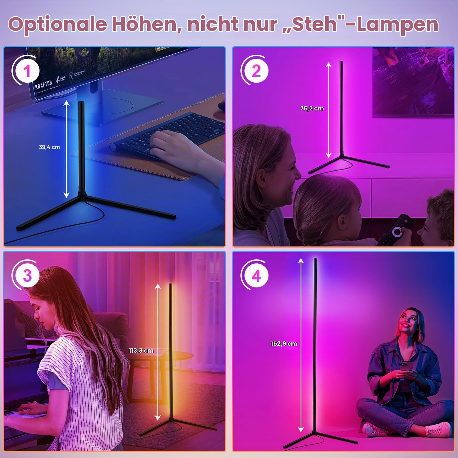 CS COSDDI LED Stehlampe Smart, 150cm Stehlampe Dimmbar mit Fernbedienung und APP, 16 Millionen Farben, Musikmodi, DIY-Modus & Timing, Ecklampe Smart für Schlafzimmer, Gaming