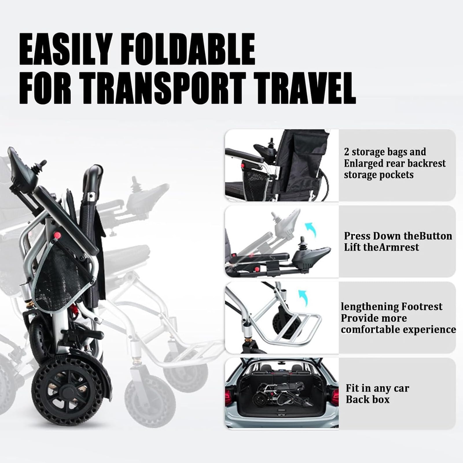 Silla de ruedas eléctrica ligera, silla de ruedas plegable compacta de aluminio para viajes y tránsito, solución de movilidad ideal para un fácil transporte