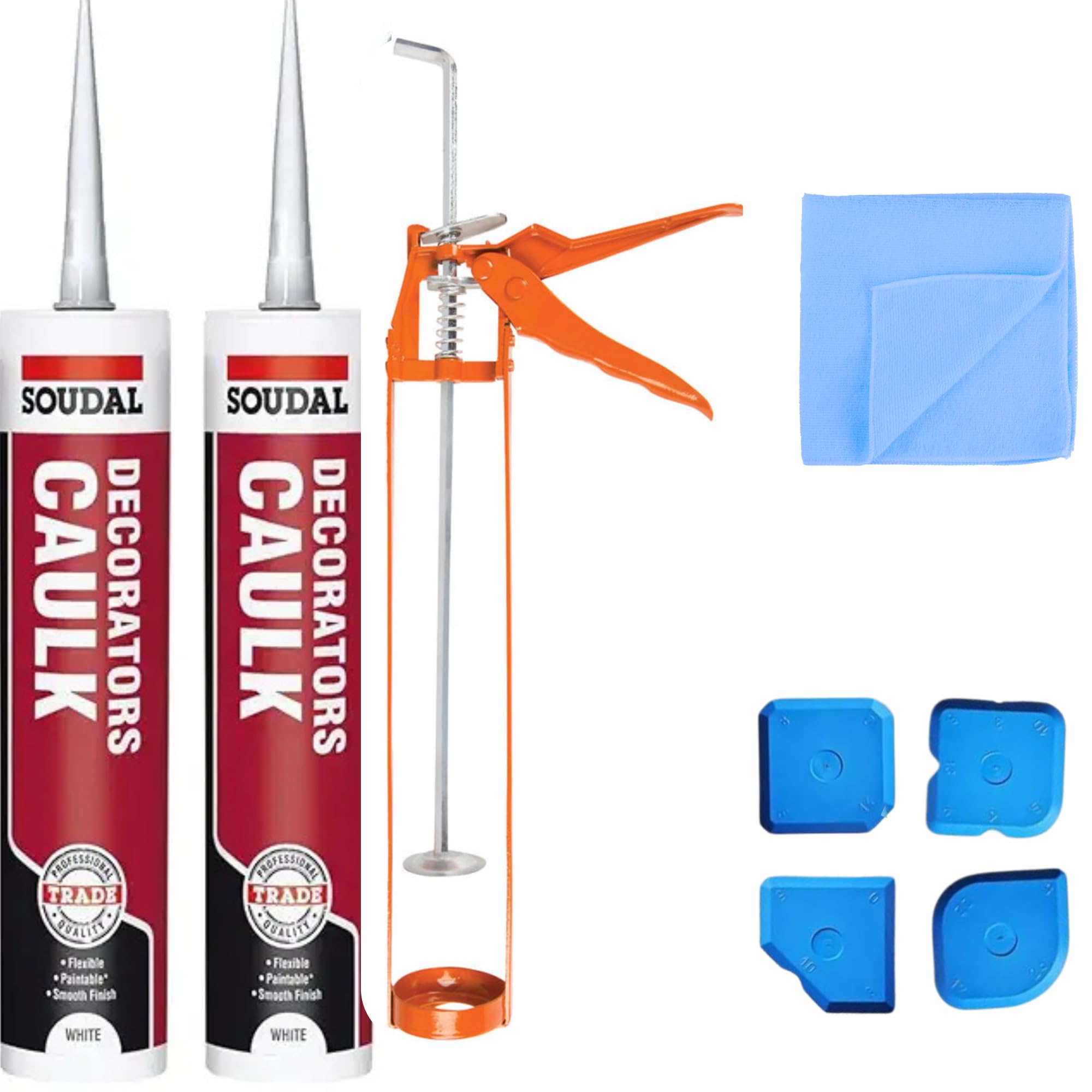 Decorators Caulk White Kit with Sealant Gun, Soudal Acrylic Silicone Gap & Crack Filler, Silicone Smoothing Tools, Microfibre Cleaning Cloth, Paintable White Sealant