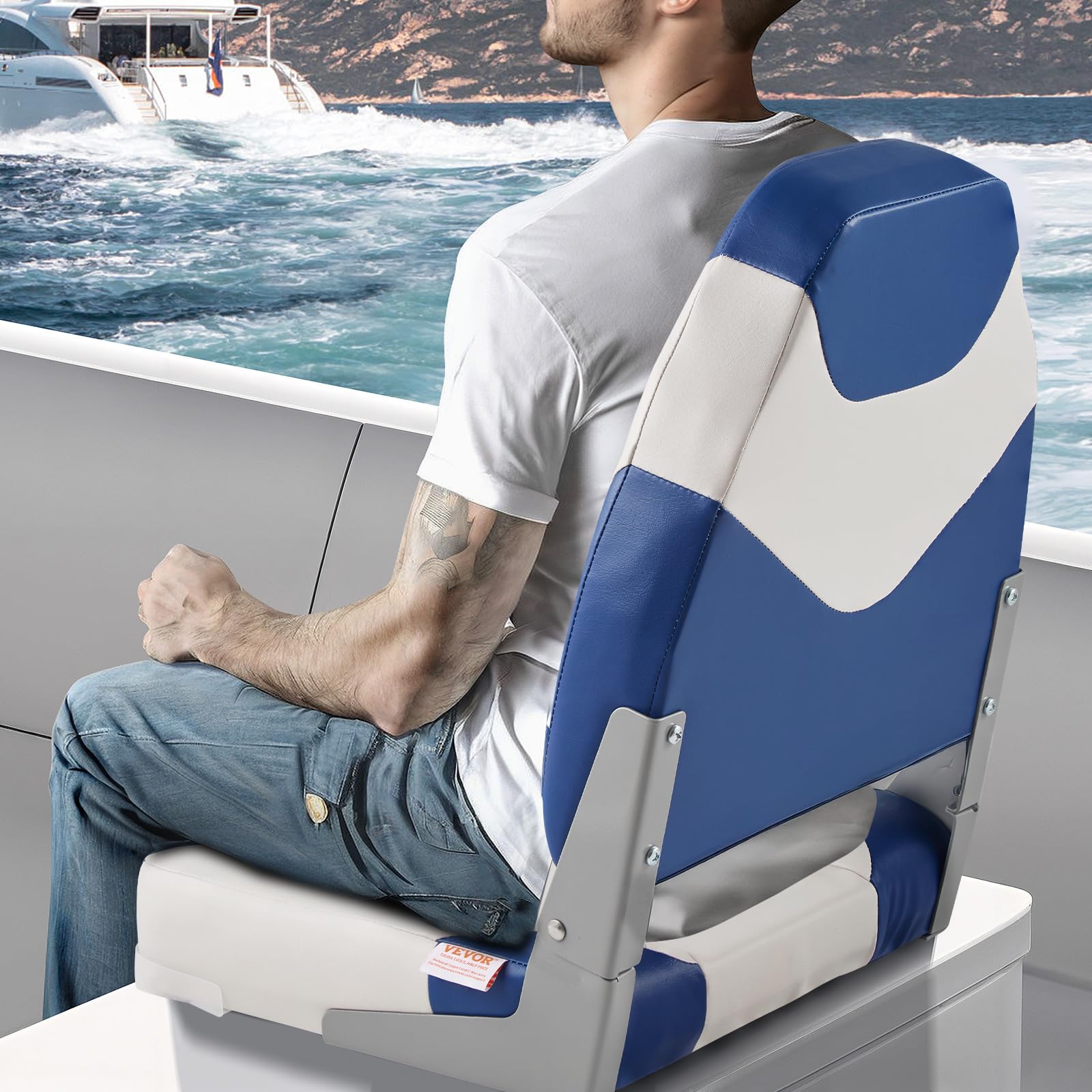 VEVOR Asiento Plegable para Barco con Respaldo Alto 2 Piezas 505 x 430 x 555 mm, Silla Plegable Impermeable con Acolchado de Esponja Gruesa y Bisagra, para Lanchas Rápidas, Barcos de Pesca, Canoas