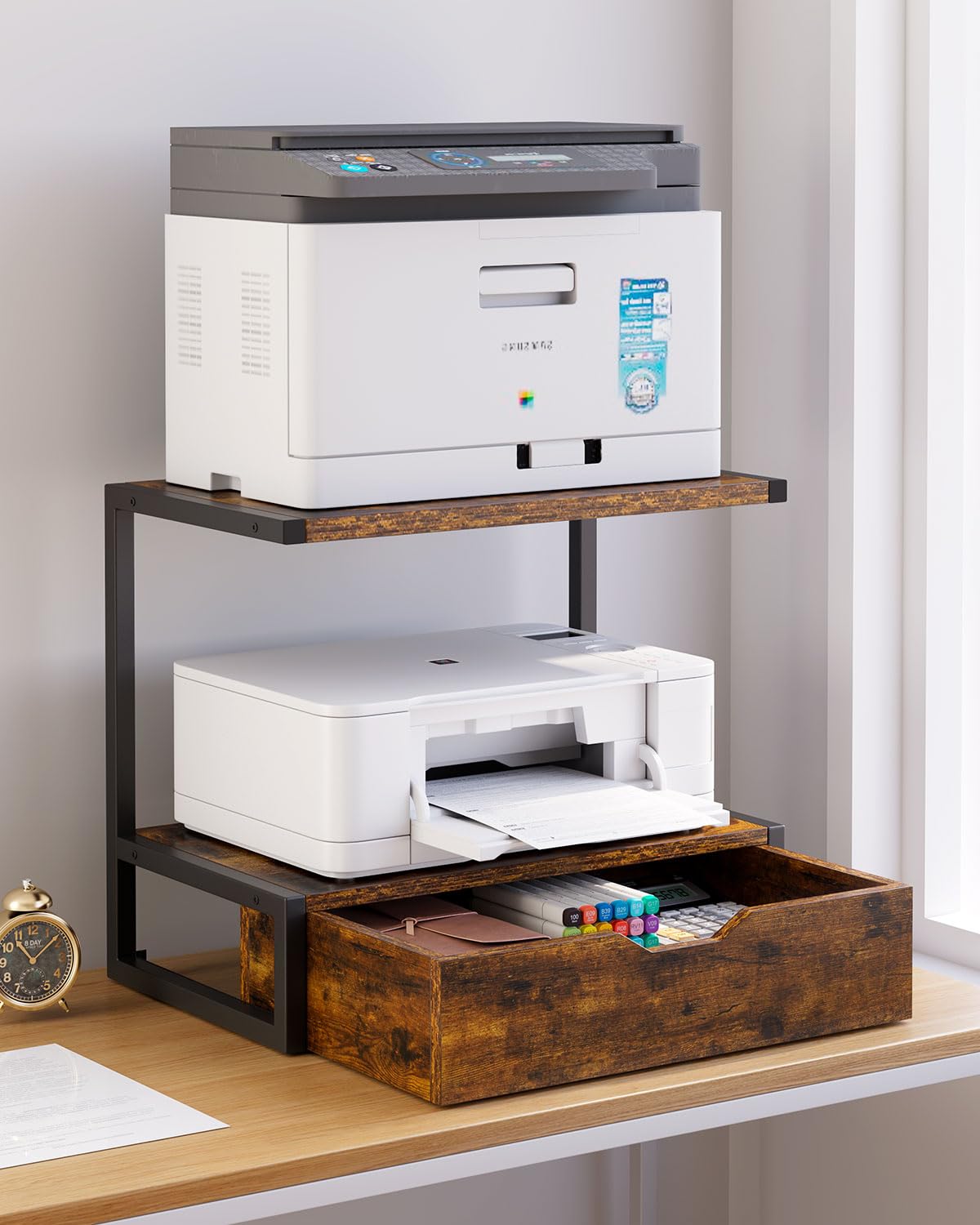 IBUYKE 2 Tier Desktop Printer Stand,Printer Table with Storage Shelf,Multi-Purpose Desk Organizer for Folders,Books,for Fax Machine, Scanner,Home