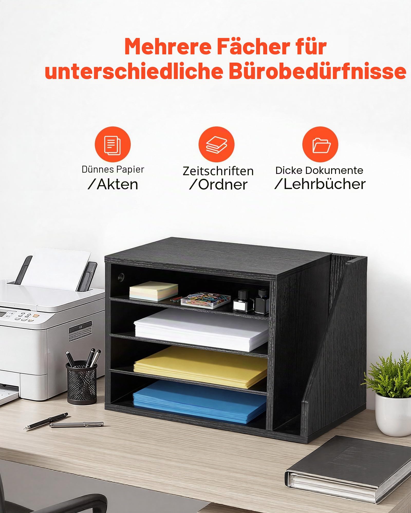 VEVOR Briefablage mit 4 Fächern & Herausnehmbaren Regalböden, Dokumentenablage aus Holz mit Stehsammler, Aktenhalter für Büro Klassenzimmer, Literaturorganizer für Akten Dokumenten Papier, Schwarz