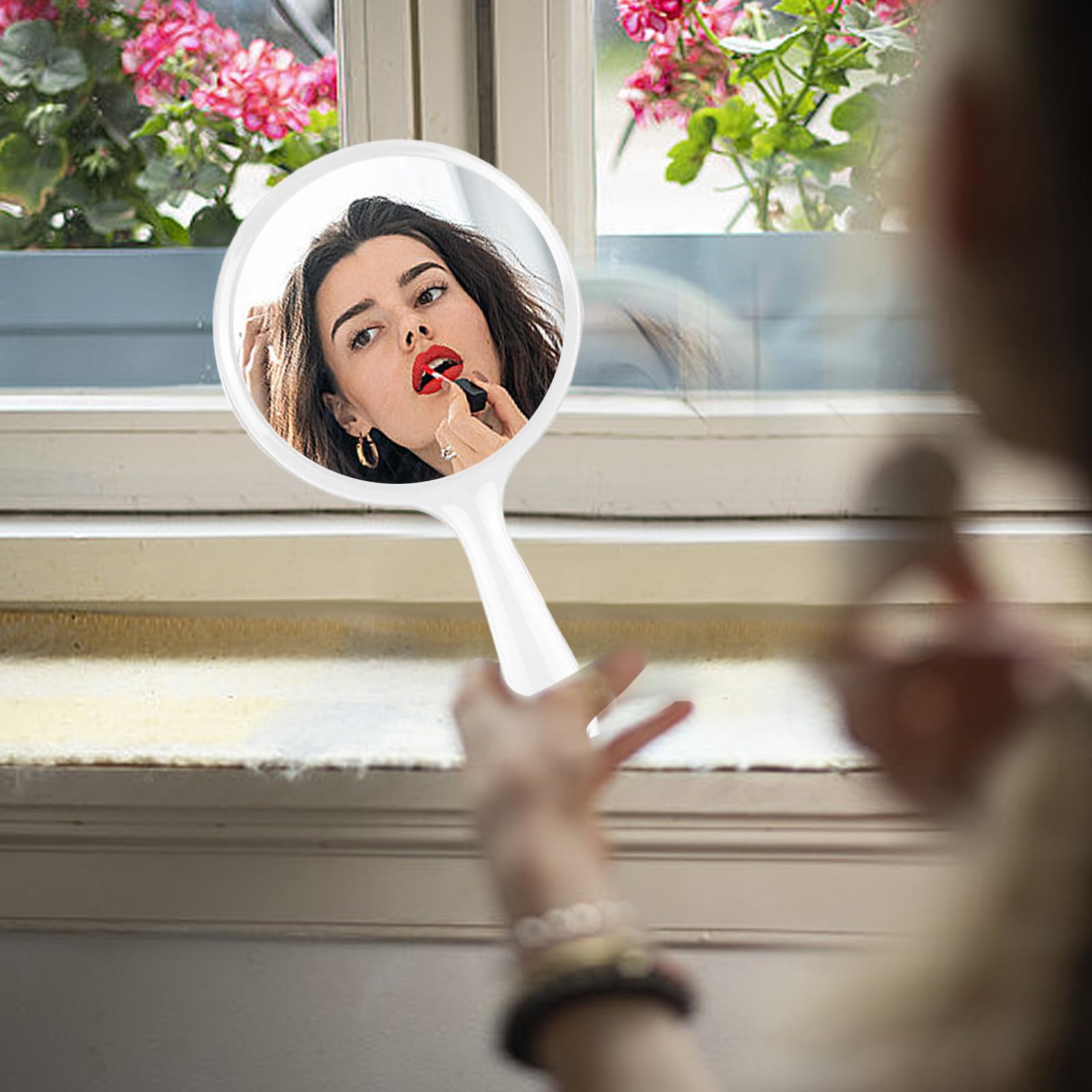 specchio a mano bifacciale, specchio a mano con manico, lente d'ingrandimento trasparente multifunzione 1x/2x, adatta per il trucco quotidiano femminile., SMJ-2X