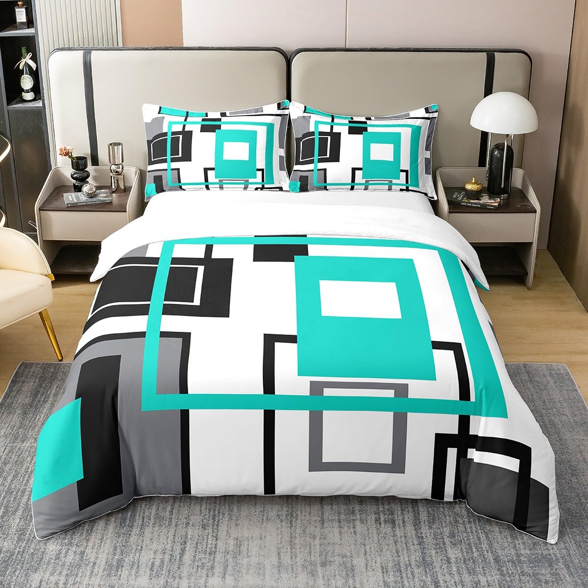Homewish Natural Cotton Turquoise Geometric Duvet Cover Black White Teal Grey Bedding Sets Super King Size