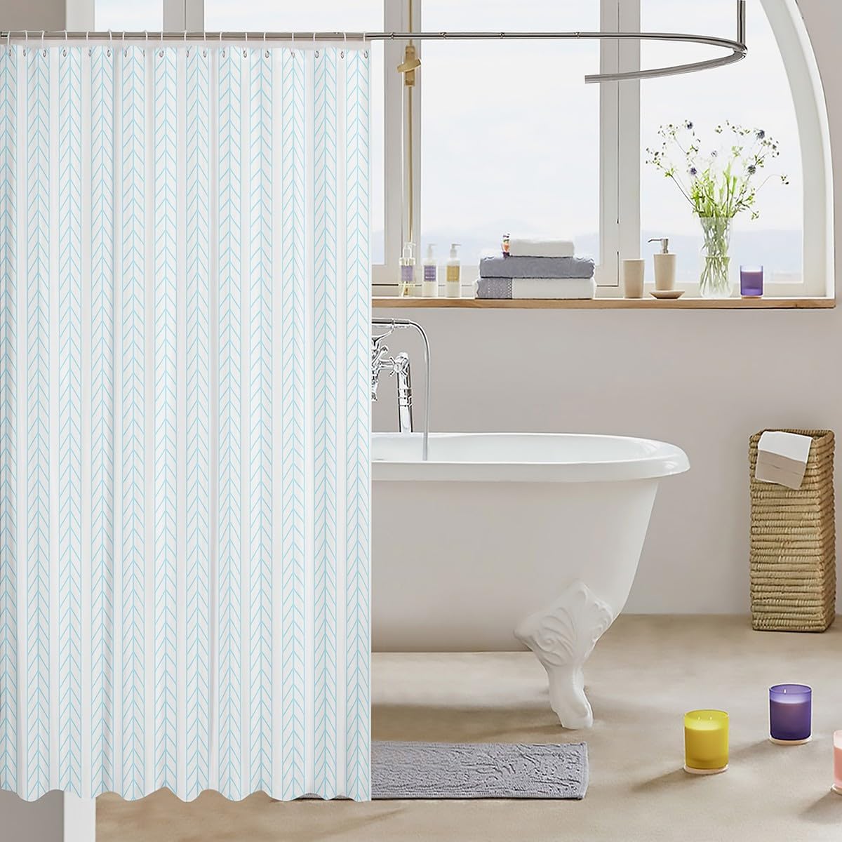 Geometric Stripe Patchwork Kids Shower Curtains,Arrow Rhombus Geometric Bathroom Curtain,Abstract Modern Home Decor,Baby Blue Waterproof Curtains,12 Hooks Suits,72" W x 72" L image 3
