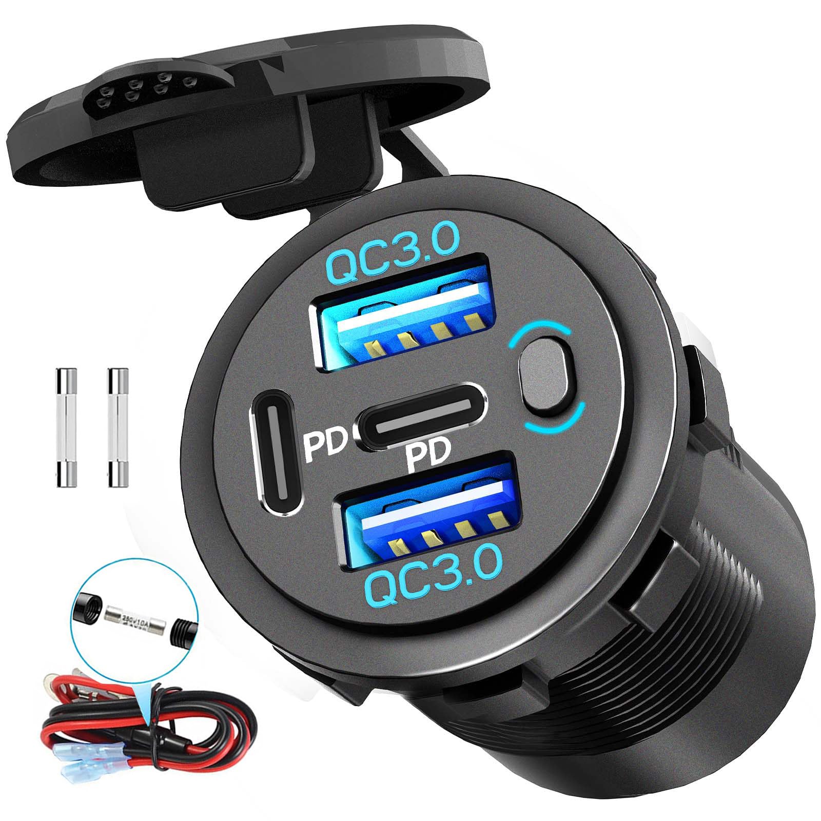 Quad-Port 12V USB Outlet with Switch LED - 78W Dual QC3 0 Dual PD3 0 USB C Car
