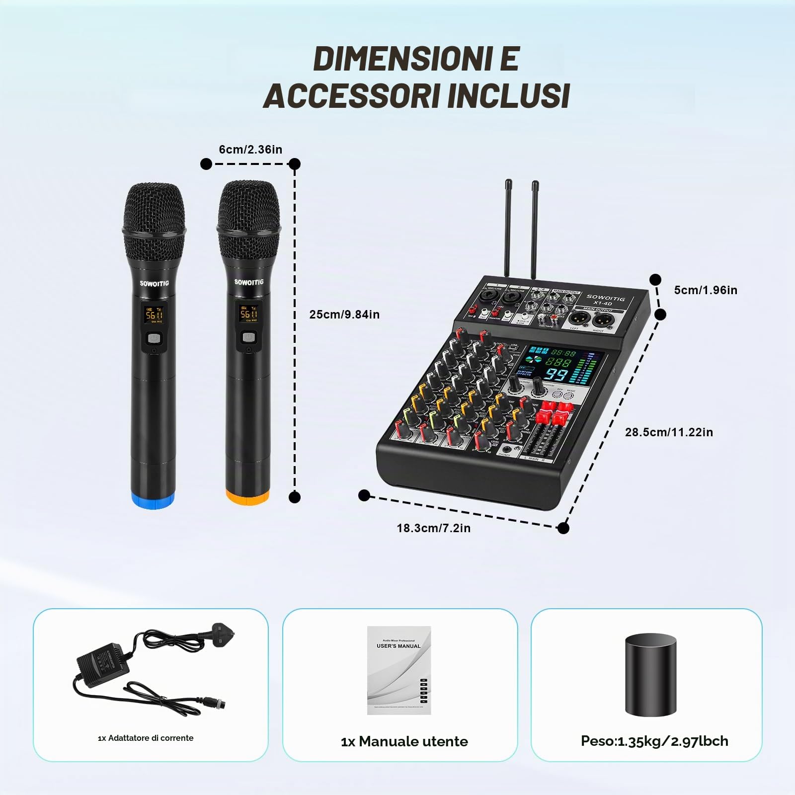 Mixer audio a 4 canali con doppi microfoni wireless, scheda di mixaggio audio professionale Console DJ con 99DSP MP3 Bluetooth 48 V Phantom Power PAD Interfaccia USB per registrazione Karaoke Home