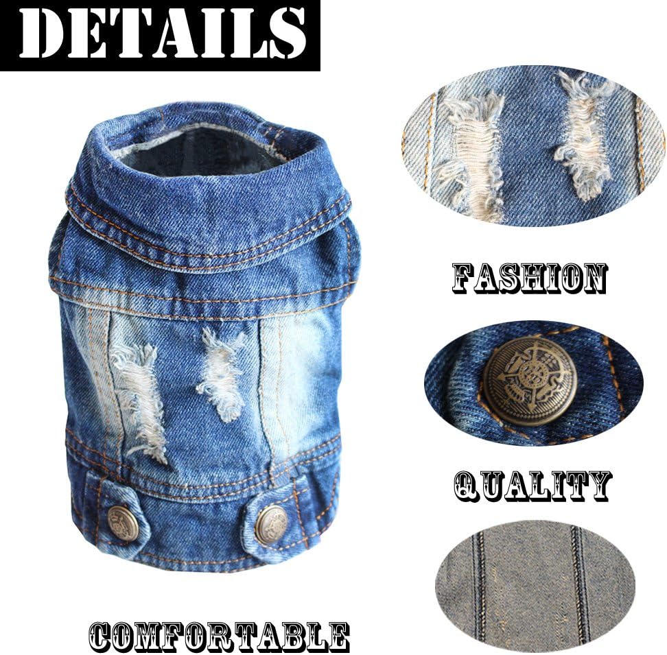 SILD Pet Clothes Dog Jeans Jacket Cool Blue Denim Coat Small Medium Dogs Lapel Vests Classic Hoodies Puppy Blue Vintage Washed Clothes : Kitchen & Dining