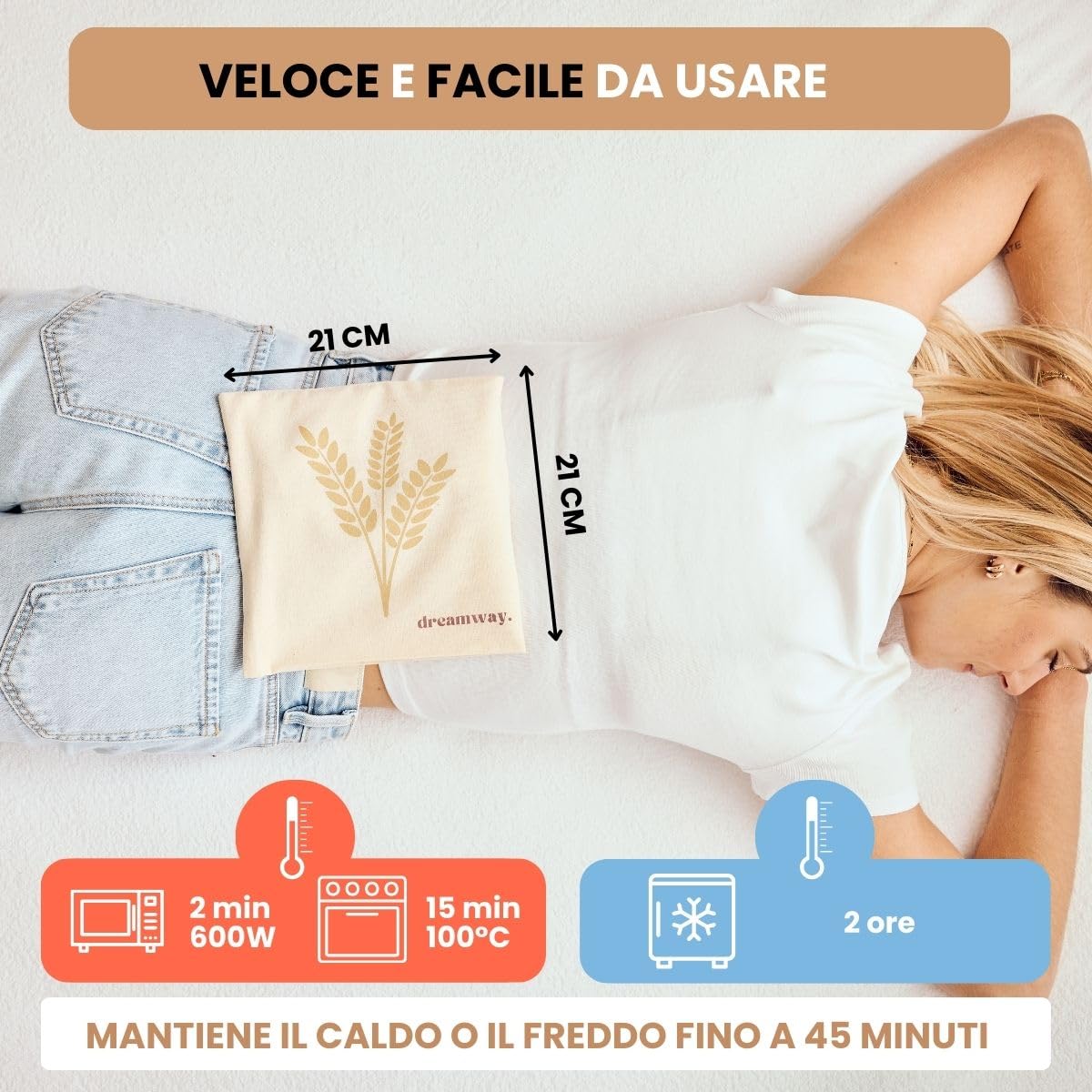 Dreamway - Cuscino riscaldante per microonde con semi di grano 21x21 cm - Cuscino termico naturale per dolori al collo, schiena e spalle - Fodera lavabile 100% cotone
