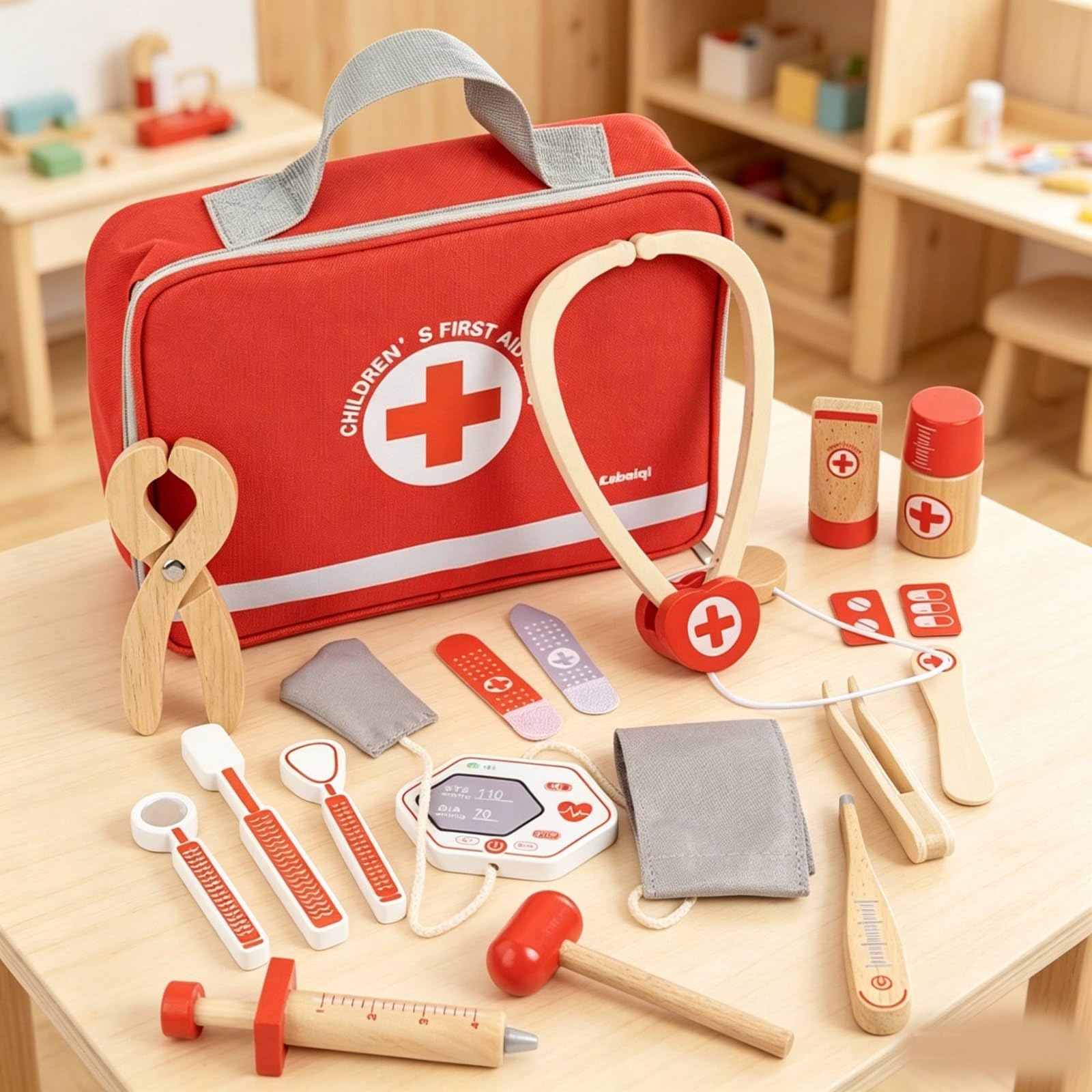 Gioco Del Dottore Bambini Set Medico Finto Kit Dottore Giocattolo Valigetta Legno con Pezzi Lisci E Tattili per Esplorazione Fiducia E Narrazione , Scatola Regalo