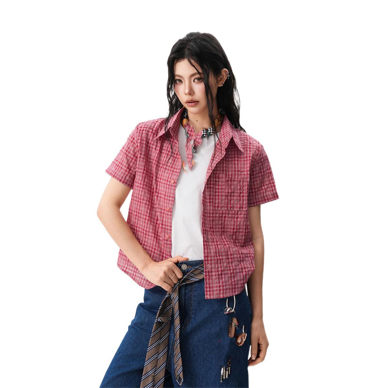 Chemise Femme à Carreaux Vintage, Manches Courtes, Slim