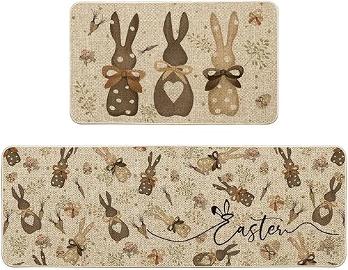 Miniatura 1 de Artoid Mode Juego de 2 tapetes de cocina de madera con zanahorias, conejo, Pascua, decoración del hogar, alfombras de cocina de bajo perfil para