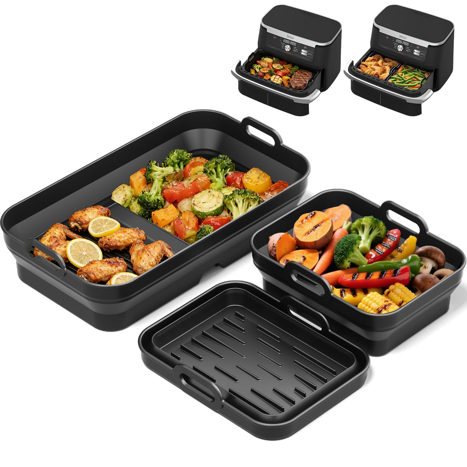Molde de Silicona para Freidora de Aire para Ninja Foodi FlexDrawer 10,4L AF500EU, Compatible con Cosori Dual Blaze TwinFry 10L, Cesta Plegable Antiadherente, Fácil de Limpiar