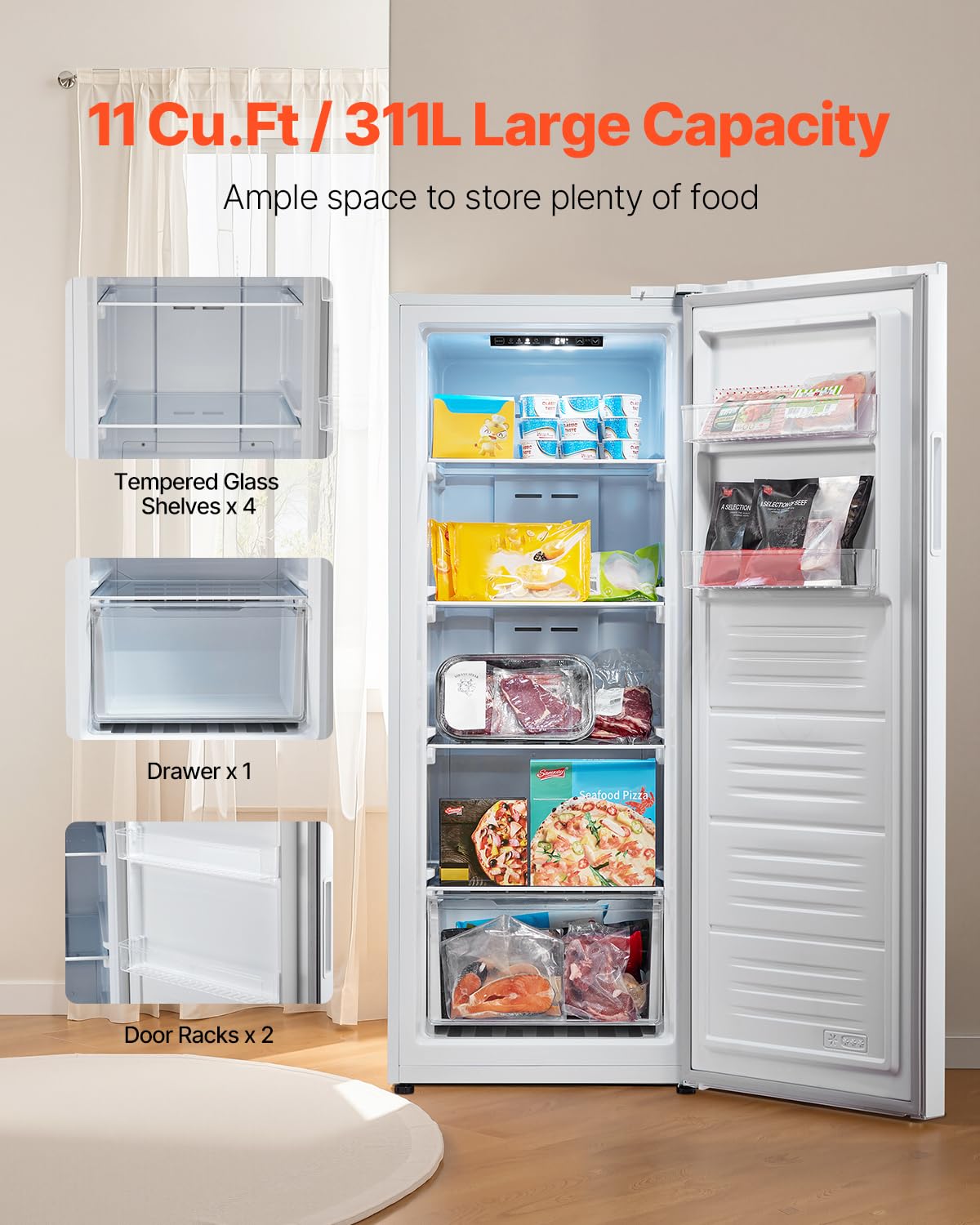 VEVOR Convertible Freezer/Refrigerator, 11 Cu.Ft Frost Free Upright Freezer with Temp Control Panel, Reversible Door, Adjustable Glass Shelves and LED, Standing Fridge for Kitchen, Office, Garage on Fridge.com