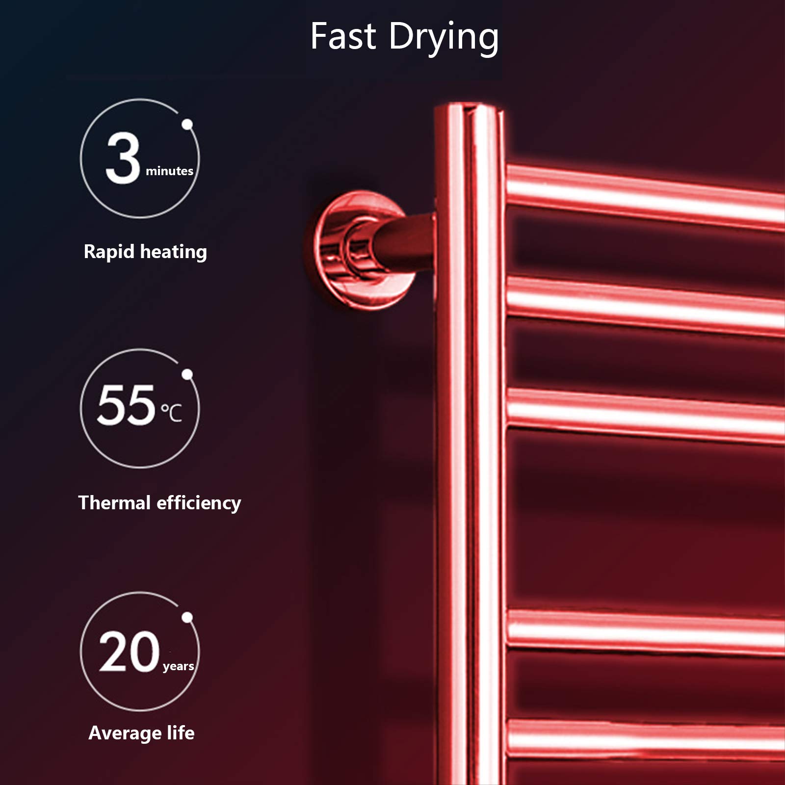 Scaldasalviette elettrico in acciaio inox, 10 bar, per bagno, montaggio a parete o soluzione efficiente per asciugare i panni, cablato e dal design pratico