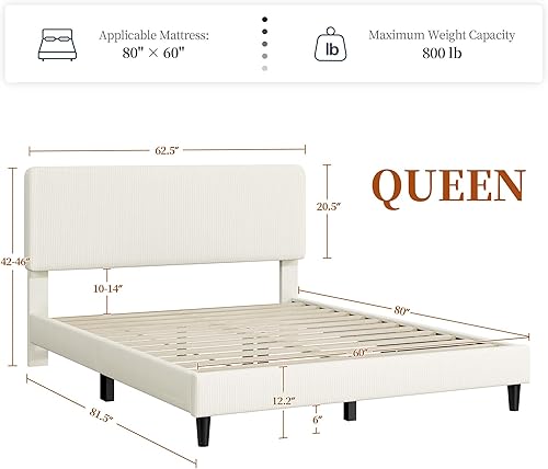 Miniatura 2 de Yaheetech Base de cama Queen con cabecero ajustable, cabecera tapizada de tela de chenilla, base de cama tamaño Queen, no necesita somier, soporte