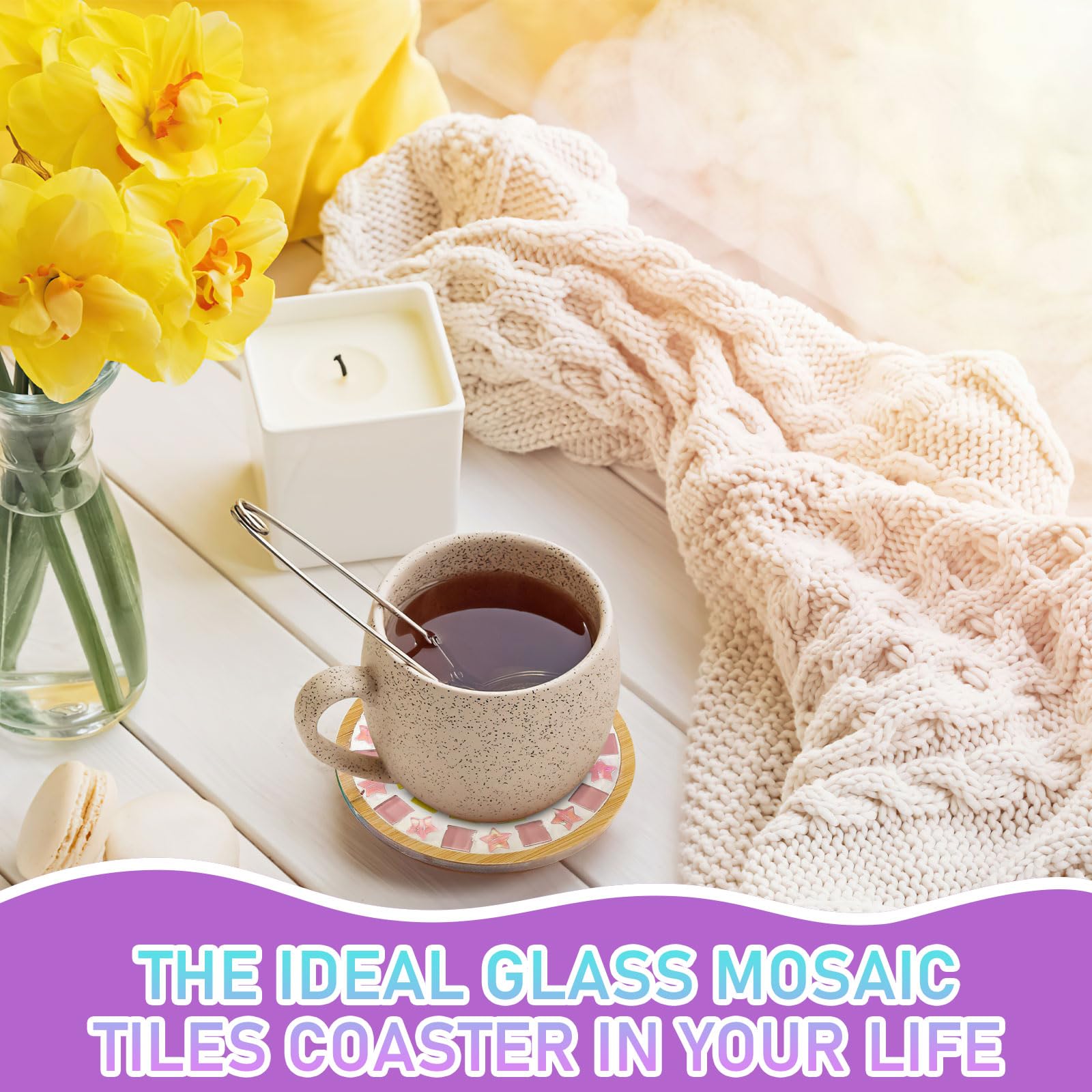 10 Sets Glas-Mosaikfliesen, Bunte Mosaik-Kits mit Holzuntersetzern für DIY-Bastelarbeiten, Heimdekoration, Bilderrahmen, Blumentöpfe und Untersetzer