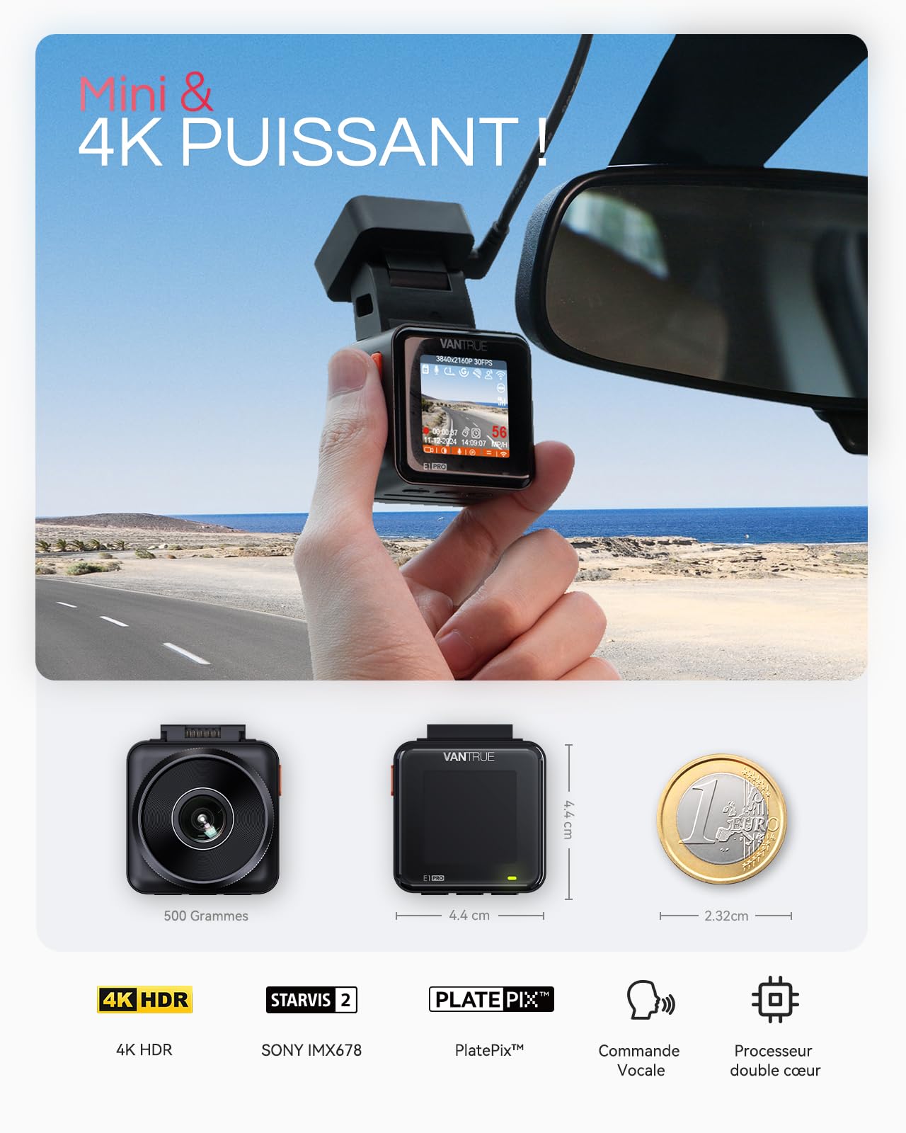 VANTRUE E1 Pro 4K HDR STARVIS 2 Dashcam Voiture Avant, Mini Caméra Embarquée Caché 5Ghz WiFi GPS avec CPL, Contrôle Vocale Français, 160°Mode Parking 15s Pré-Enregistrement, Vision Nocturne Max 1 to