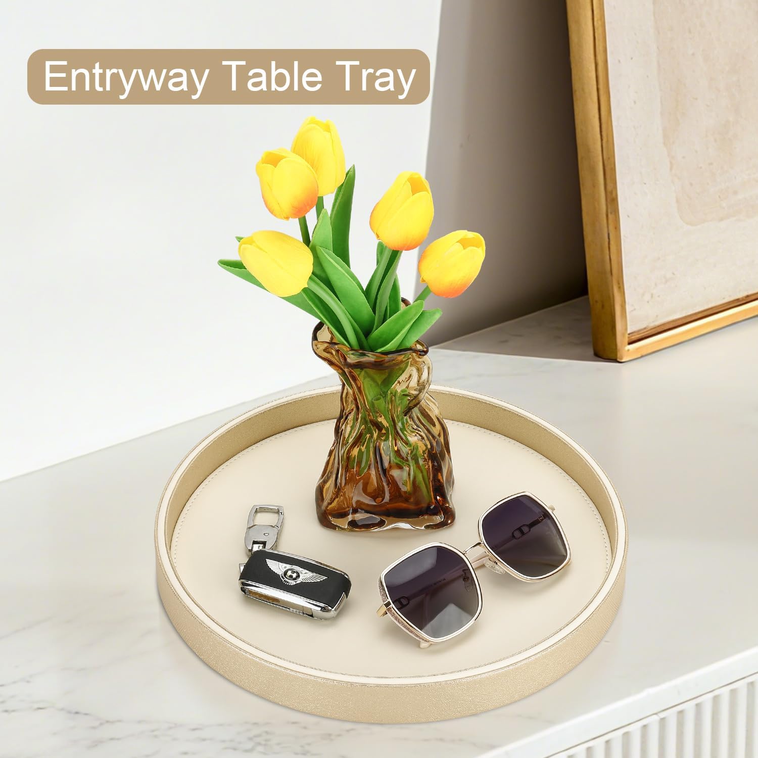 GORESE Gold Decorative Coffee Table Tray, 12" PU Leather Round Trays for Home Decor, Table Centerpiece for Living Room, Vanity, Dresser Decor, Valet Tray for Perfume Jewelry Organize - Gold & Cream