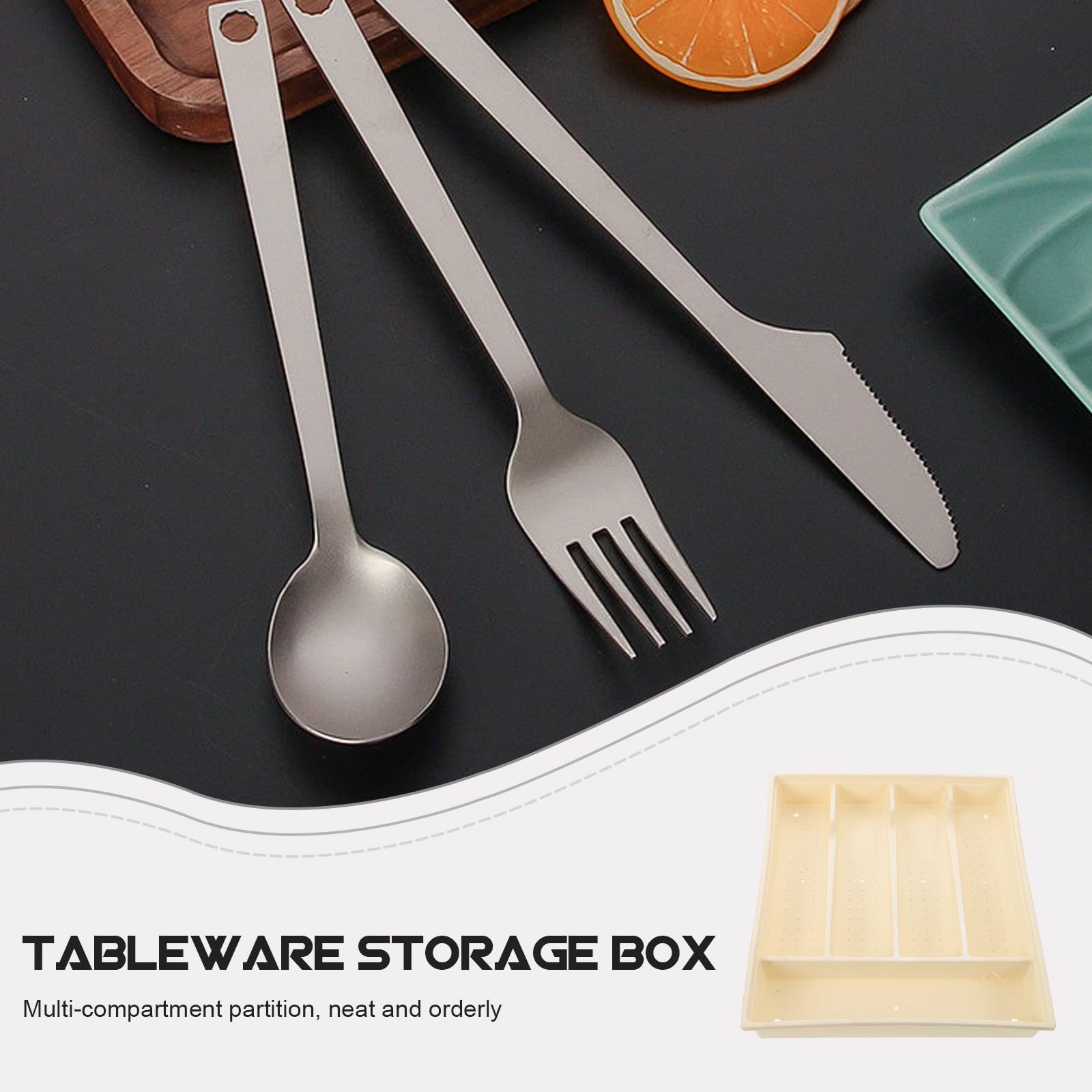 Organizador de Cubiertos de Gran Capacidad Tapa para Cocina, Caja de Almacenamiento de Utensilios de Cocina Diseño Drenaje y Material Pp Beige Rectangular