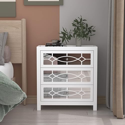 Miniatura 3 de Hitow Mesita de noche blanca con 3 cajones espejados gabinete de almacenamiento de madera mesa de noche decorativa para espacios pequeños y