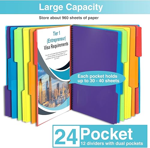 Vista 4 de Forvencer 24 Pocket Project Organizer, 1/3-cut Tab Binder Organizer with Sticky Labels, Multi Pocket Folder with Zipper Pouch, Folder Binder Spiral