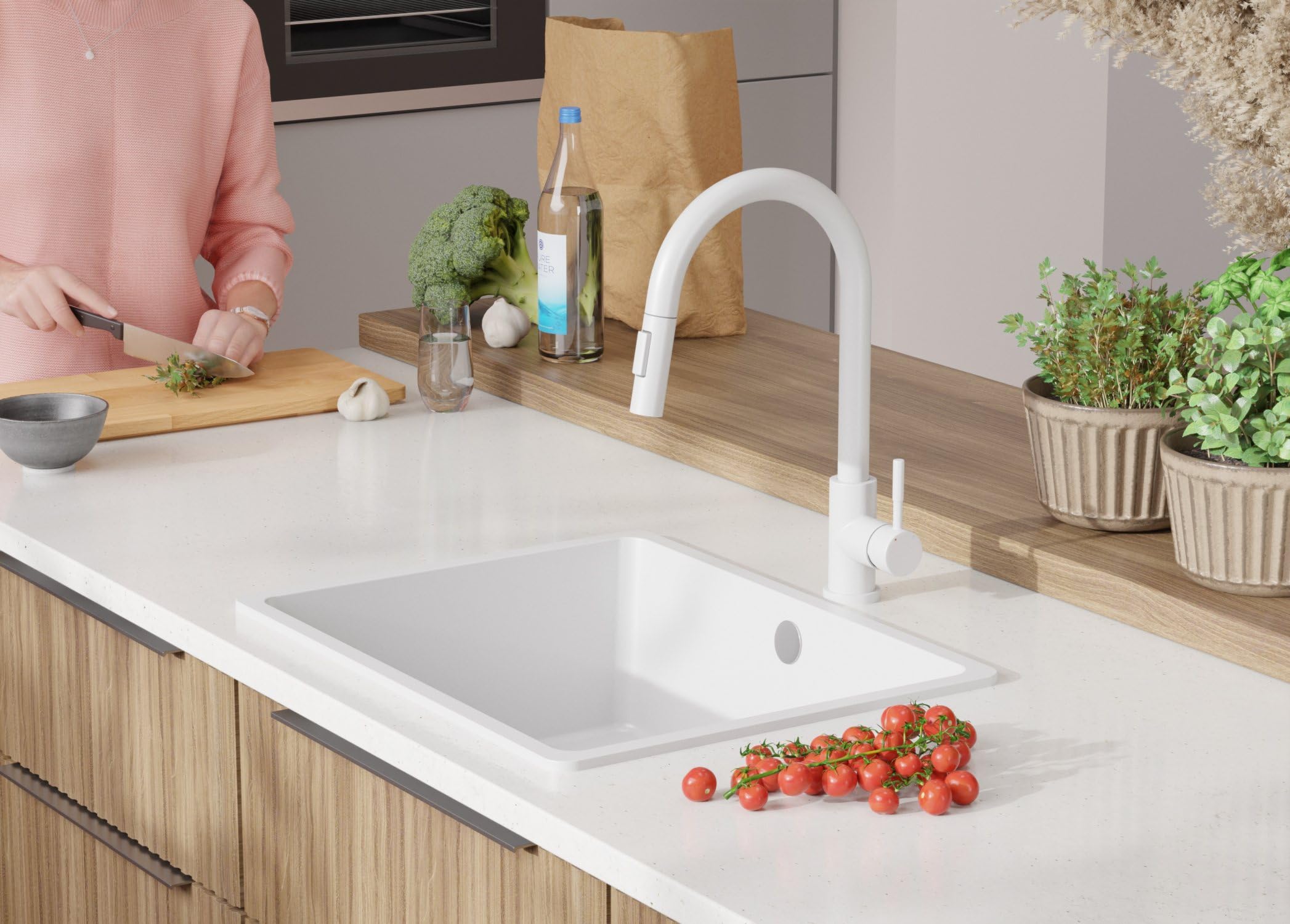 PRIMAGRAN Fregadero Granito Blanco - Venecia Easy Slim, 56x44cm | Cocina 1 Seno + Grifo 32x20cm + Set de accesorios, sobre Encimera al Mueble 60cm (S073)