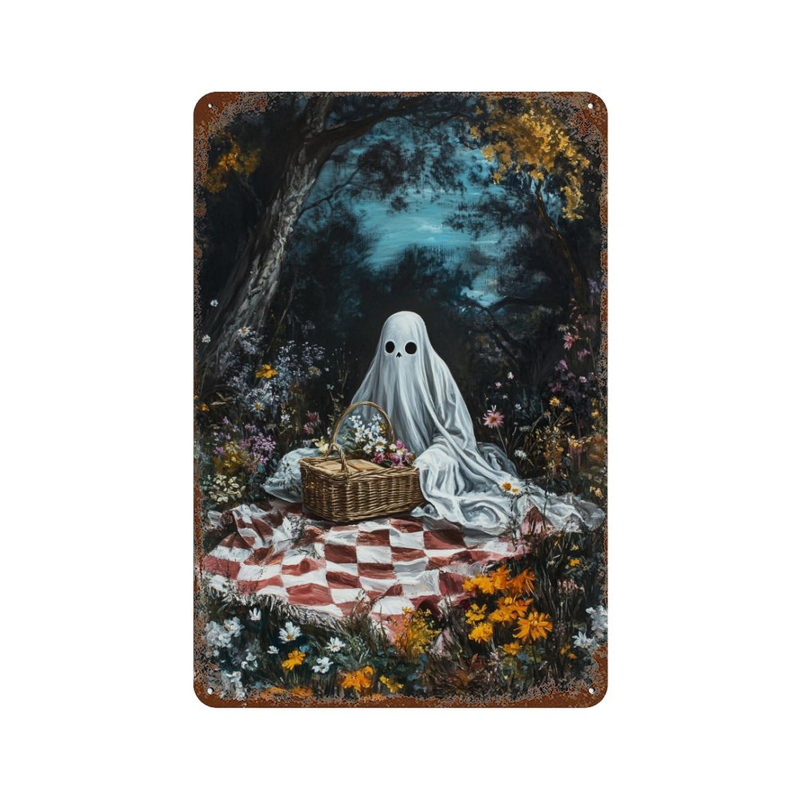Ghostly Picnic in The Woods Weathered Tin Sign 11.8"x7.9", Rustic Home Decor for Garage, Bar And Workshop Decor