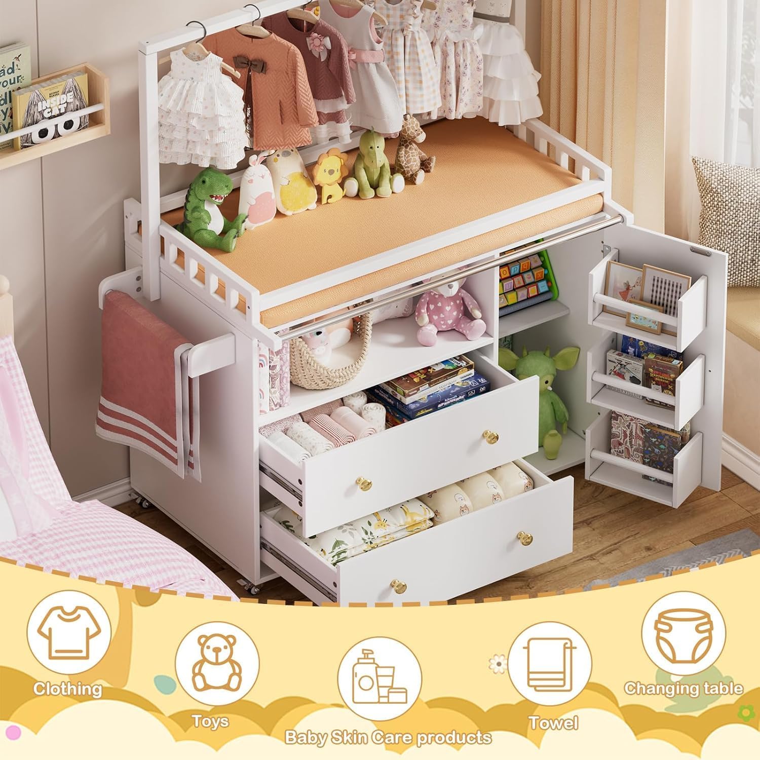 Modern Baby Changing Table with 3 Extra Deep Drawers, Multi Functional Nursery Dressing Table with Storage Shelves Hangers, White Wooden Baby Station with Integrated Drying Rack (1 Drawers + 1