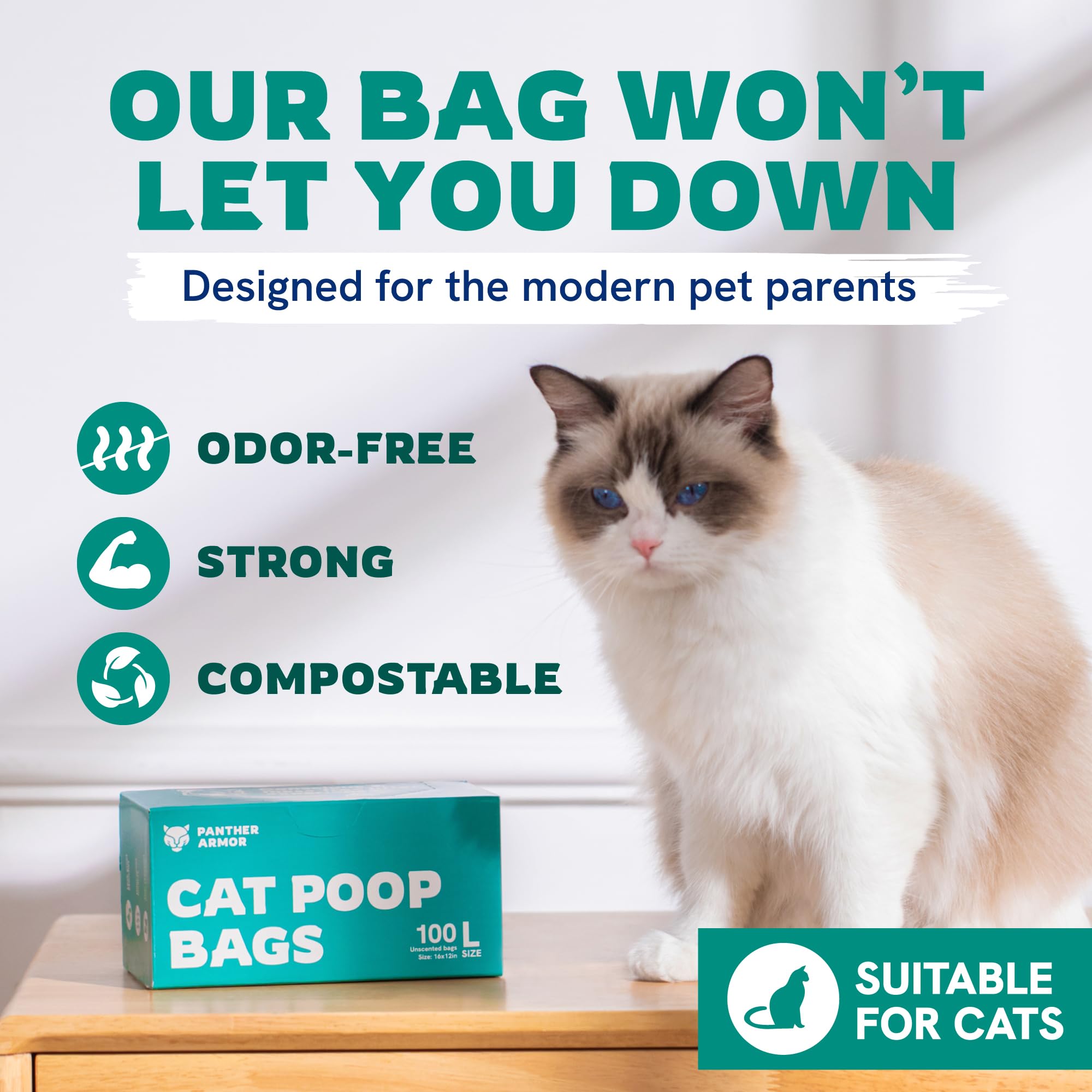 Panther Armor Bolsas de arena para gatos, 100 bolsas grandes sin perfume para excrementos de gatos, bolsas de arena supergrandes de 16 x 12 pulgadas, bolsas de basura a prueba de fugas, bolsas de