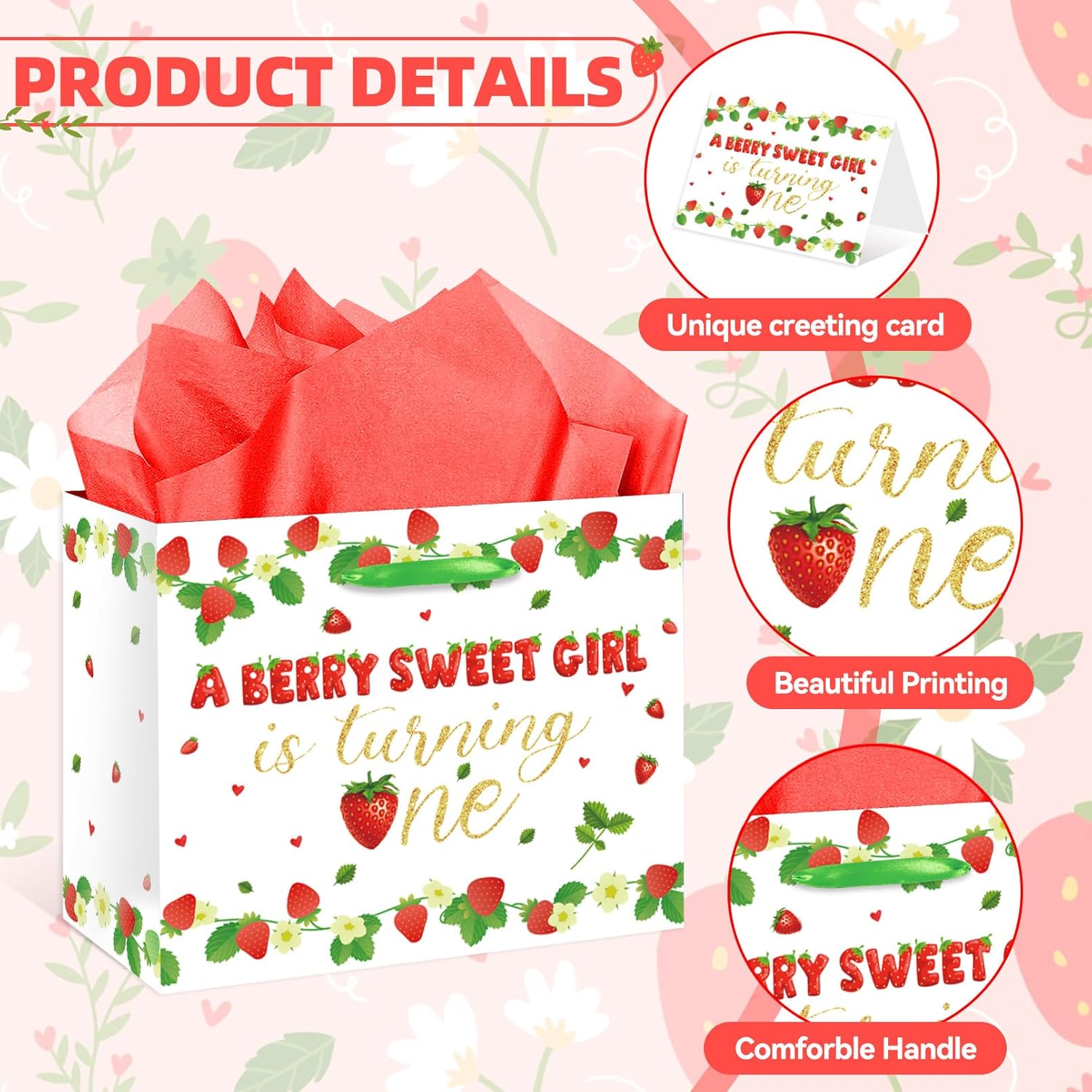 EIGHTSTATES Large Strawberry 1st Birthday Gift Bag Set, Berry Sweet Girl Turning One Party Supplies with Greeting Card & Tissue Paper, Baby Girls Gift wrapping paper for Baby Shower Decorations - Image 7