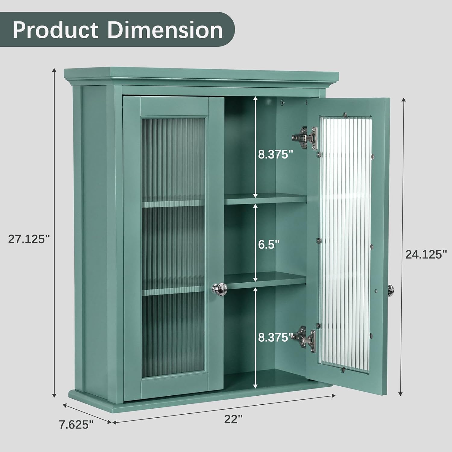Wall Mounted Bathroom Cabinet with Fluted Glass Doors, Medicine Cabinet with Soft-Close Hinges, Space Saving Wall Organizer for Bathroom Above Toilet Storage (Halcyon Green)