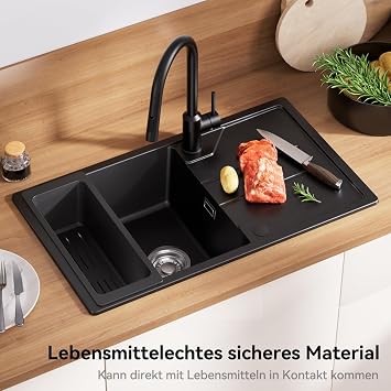 CECIPA Kitchen Sink Black 78 x 45 cm Granite Kitchen Sink with Strainer Basket Kitchen Sink with Reversible Installation Sink Kitchen Built-in Sink Including Siphon and Drain and Overflow Fittings