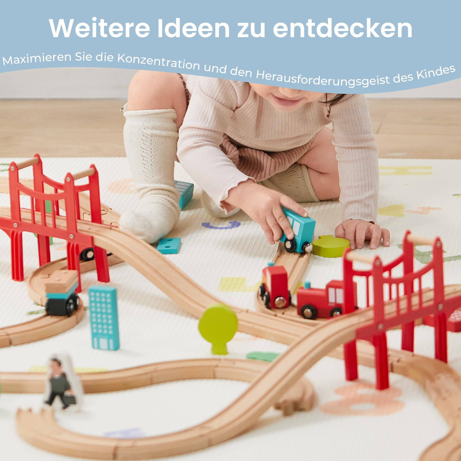 Tiny Land 39 Pcs Holzeisenbahn und Züge Pack Eisenbahn Anfängerset Kompatibel mit großen Marken Zugset Kleinkinderspielzeug empfohlen ab 3 Jahren