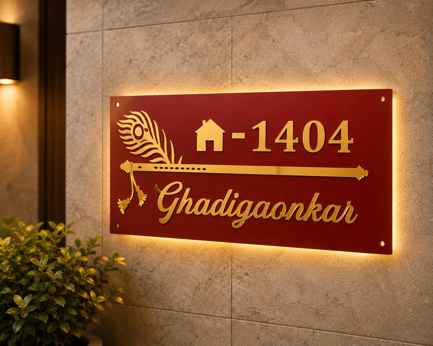 Customized Acrylic House Name Plate | Krishna Flute & Peacock Feather Design | Golden Mirror Finish Personalized Door Sign Board-image-13