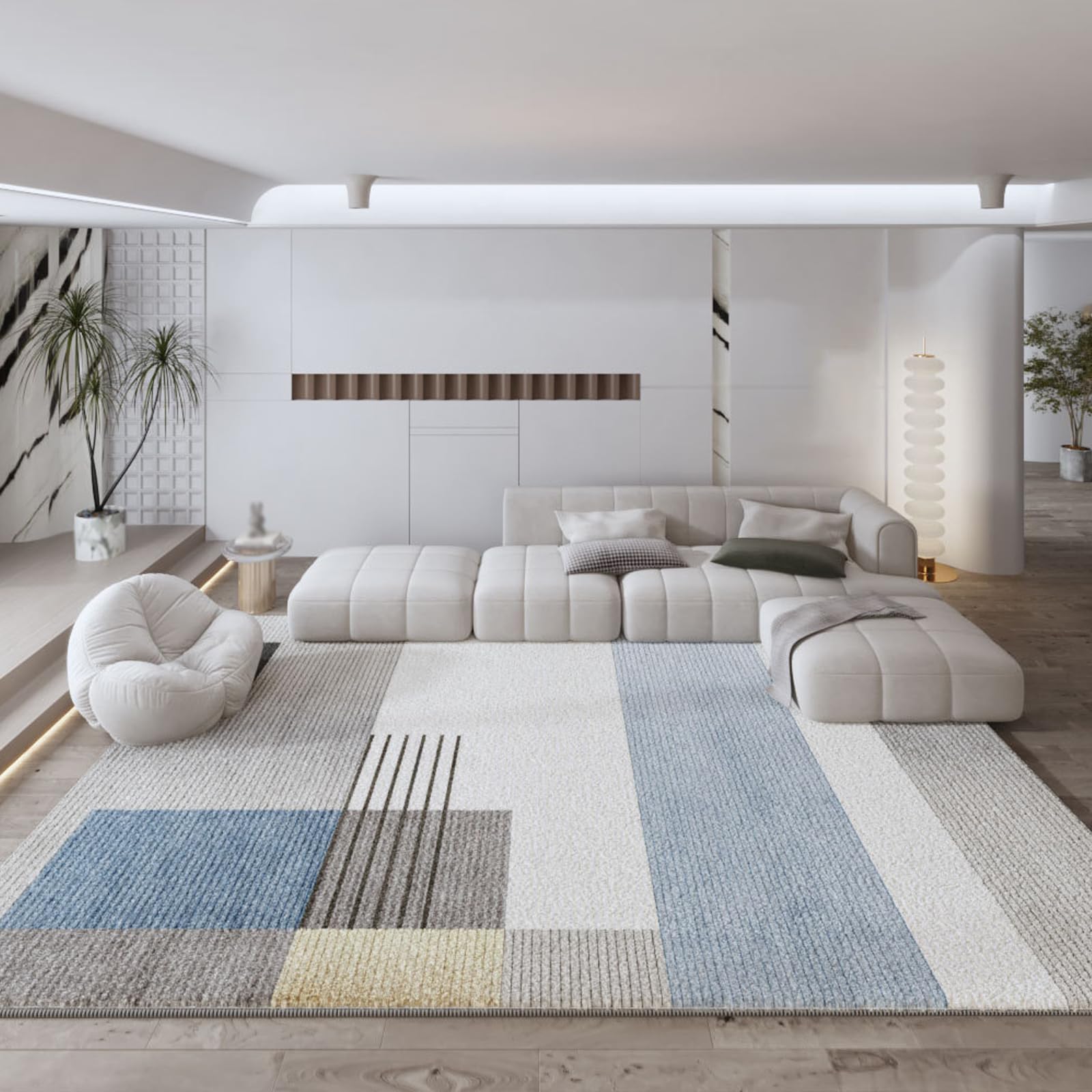 Tapis salon décoration moderne gris bleu jaune pour transformer l'ambiance de votre chambre