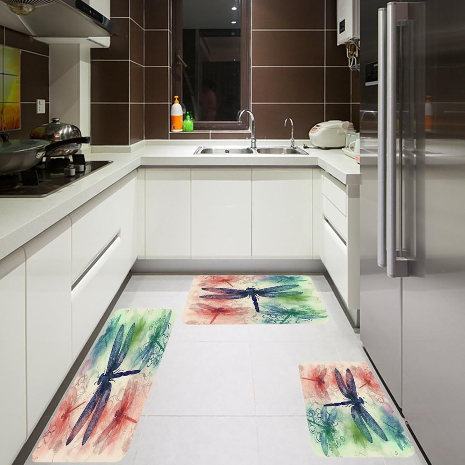 Modern Dragonfly Kitchen Rugs Sets of 3 Non Slip Kitchen Mats for Floor Farmhouse Kitchen Sink Mat Thick Comfort Standing Mat for Laundry Room Hallway Bathroom