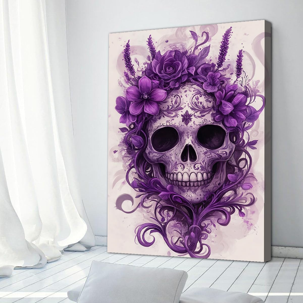 SHENGPOSTER Sztuka ścienna na płótnie gotycka kwiatowa czaszka do salonu lub sypialni Home Decor Boho Nowoczesna sztuka Giclee Print Wall Decor Purple Ready to Hang 55x80cm Innerframe